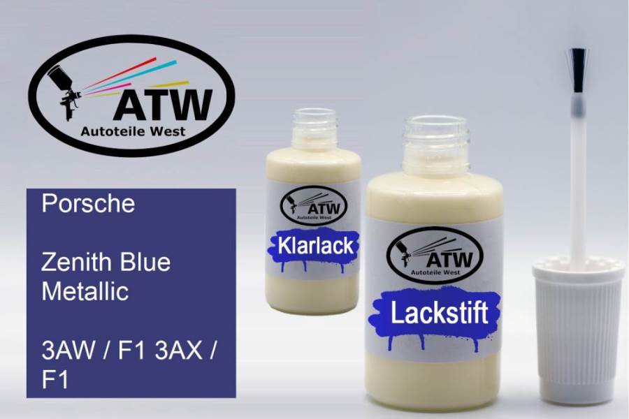 Porsche, Zenith Blue Metallic, 3AW / F1 3AX / F1: 20ml Lackstift + 20ml Klarlack - Set, von ATW Autoteile West.
